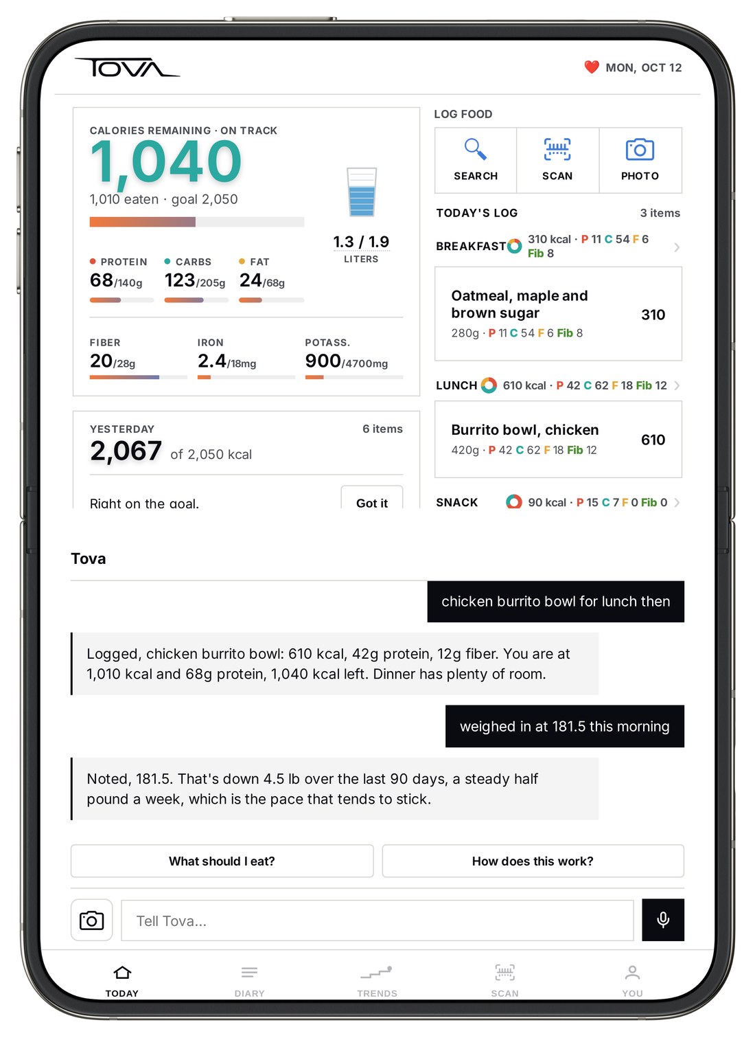 iPhone Duo held upright with TOVA: Today on the top half, the chat with Tova on the bottom half, the tab bar along the bottom edge