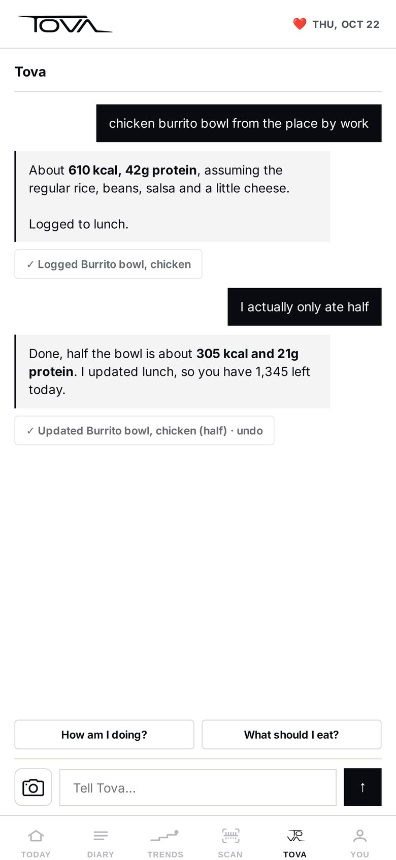 Tova chat: I actually only ate half, and the lunch entry is updated to half the bowl, with undo