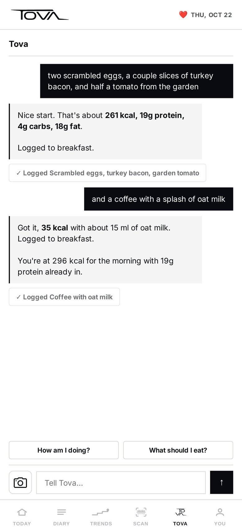 Tova chat: breakfast described in plain English and logged with calories and macros