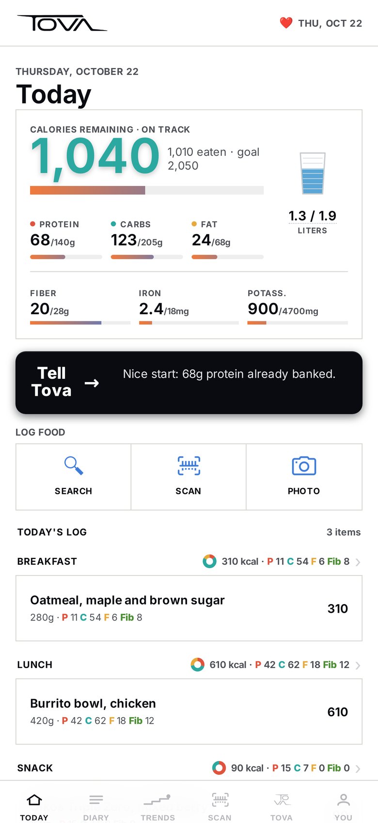 Today screen: calories remaining, macro bars, water and nutrients