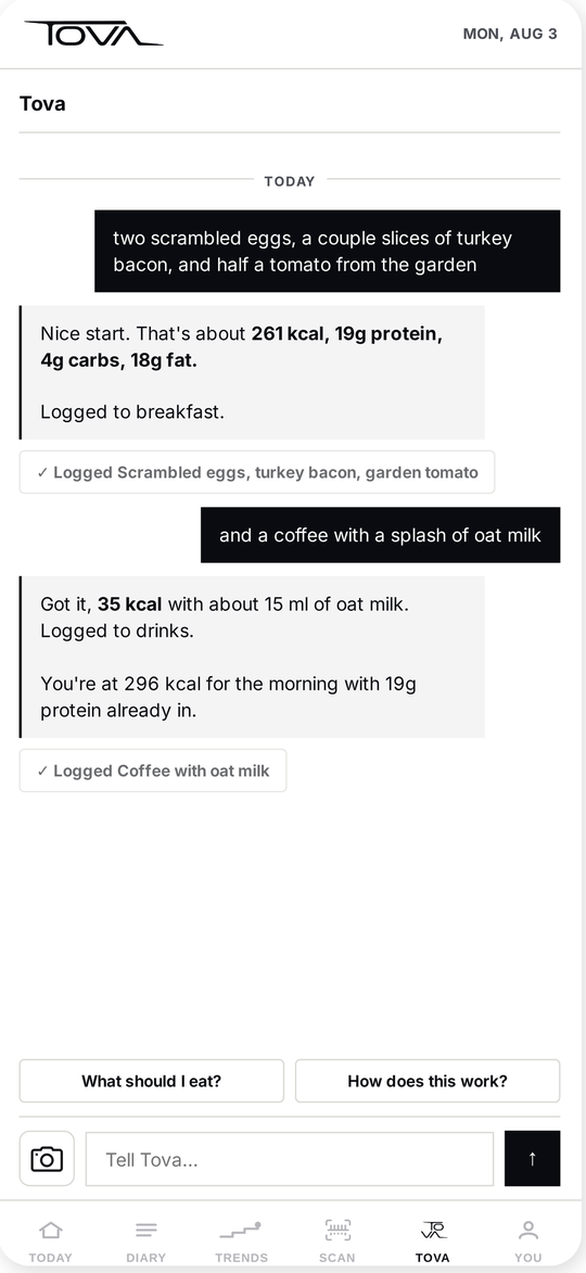 Tova chat: a meal described in plain English, logged with calories and macros