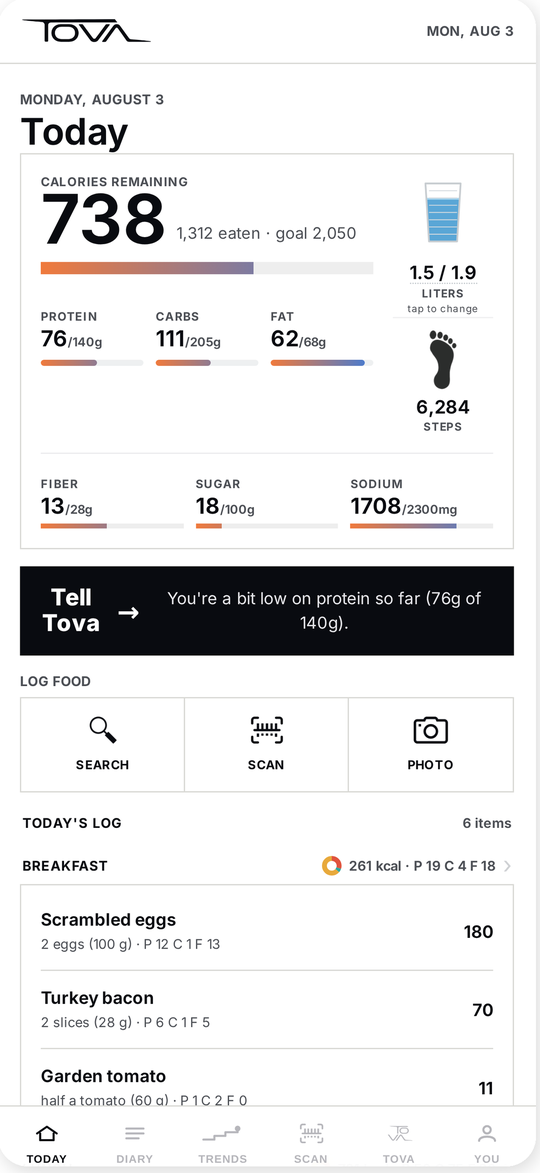 Today screen: calories remaining, macro bars, water and nutrients